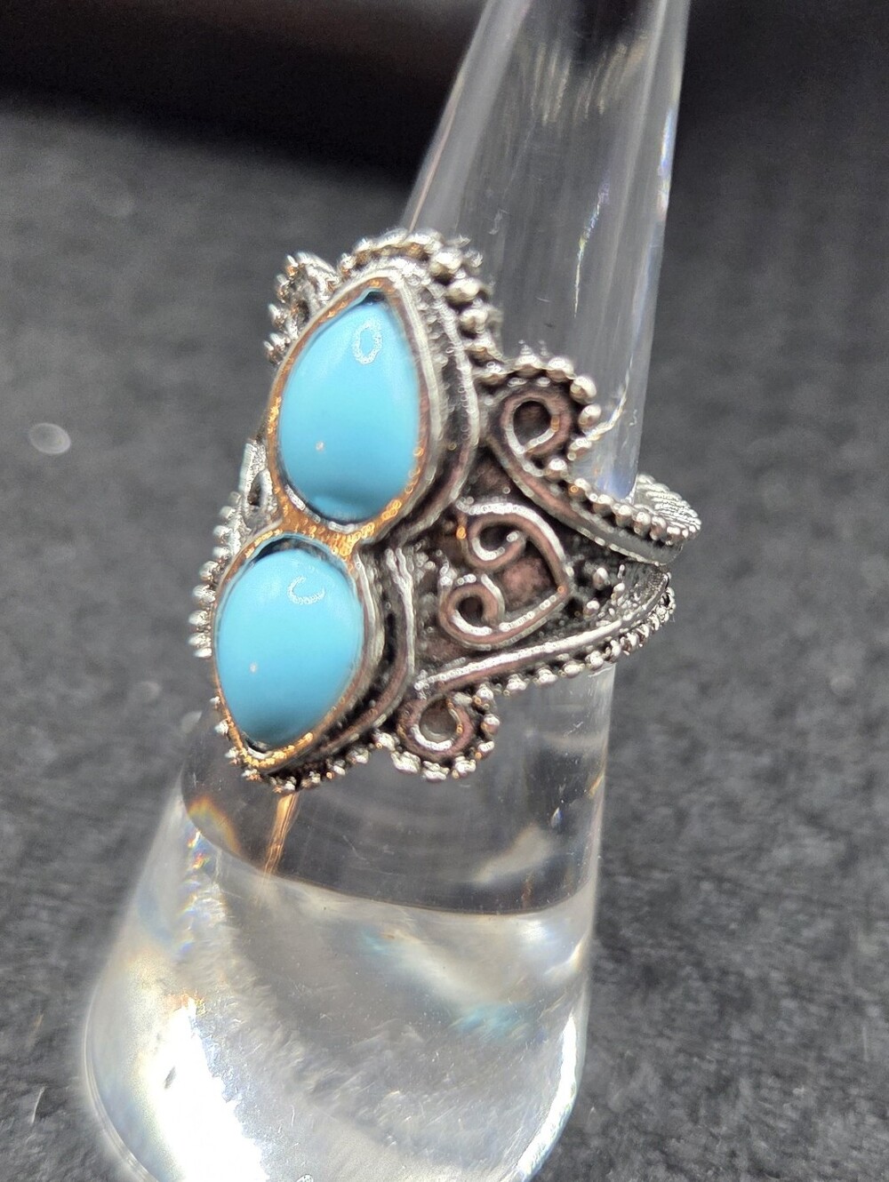 1385. Vintage-Style Turquoise Double Teardrop Ring